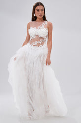 FELT CUTE RUFFLE MAXI DRESS WITH FLORAL APPLIQUES