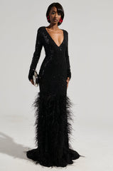 YOURS TRULY FEATHER SEQUIN EMBELLISHED MAXI DRESS